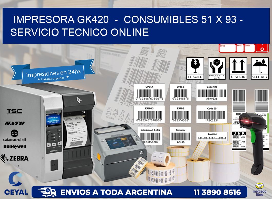 IMPRESORA GK420  -  CONSUMIBLES 51 x 93 - SERVICIO TECNICO ONLINE