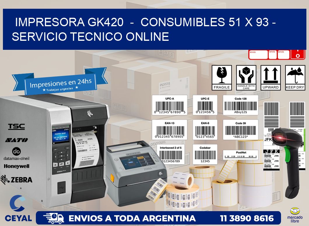 IMPRESORA GK420  -  CONSUMIBLES 51 x 93 - SERVICIO TECNICO ONLINE