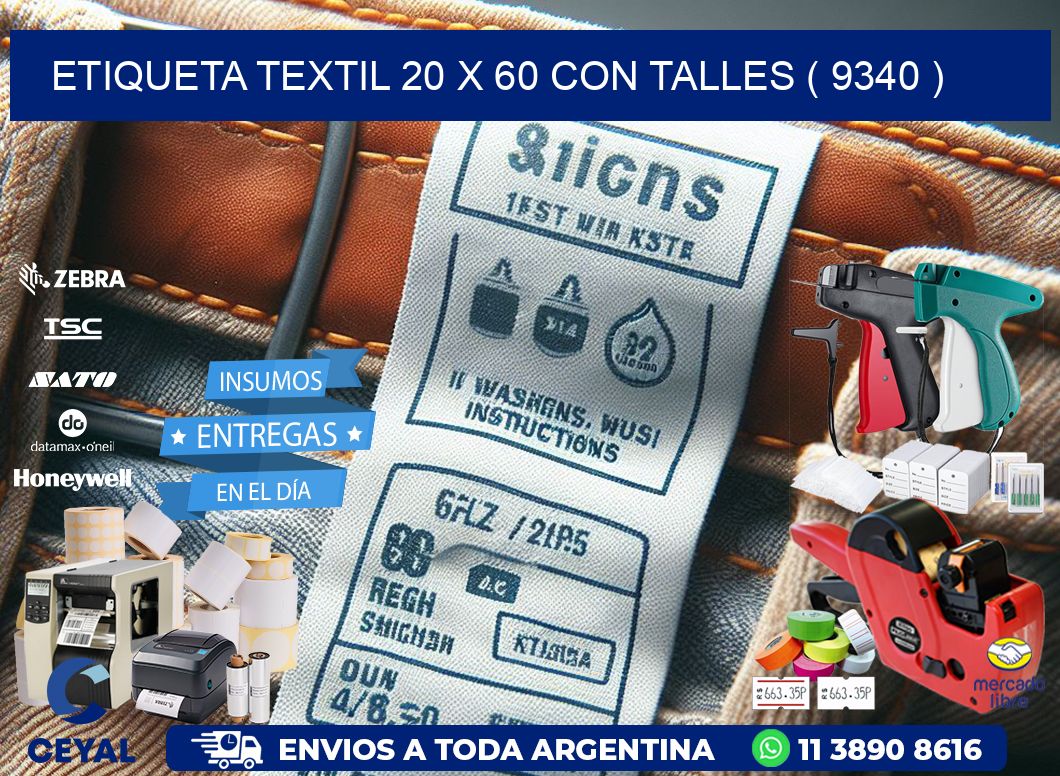 ETIQUETA TEXTIL 20 X 60 CON TALLES ( 9340 )