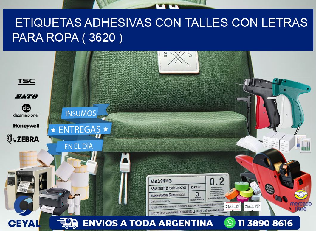 ETIQUETAS ADHESIVAS CON TALLES CON LETRAS PARA ROPA ( 3620 )