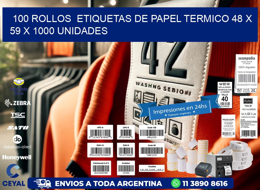 100 ROLLOS  ETIQUETAS DE PAPEL TERMICO 48 x 59 X 1000 UNIDADES