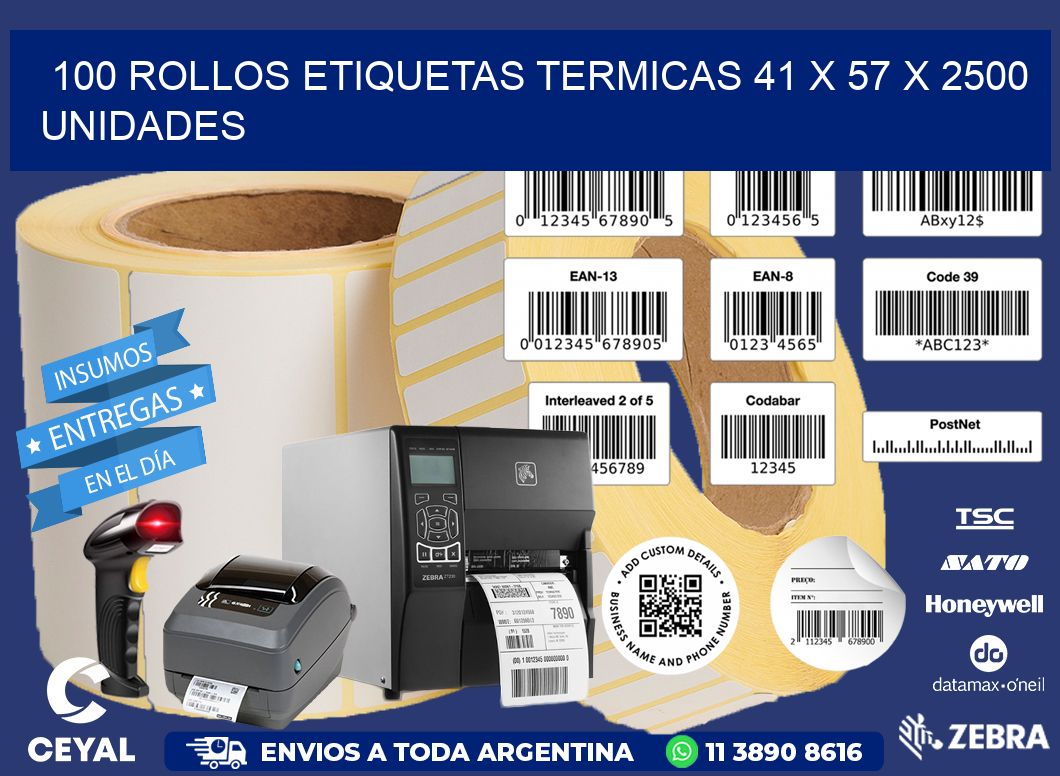 100 ROLLOS ETIQUETAS TERMICAS 41 x 57 X 2500 UNIDADES