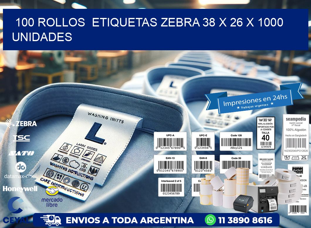 100 ROLLOS  ETIQUETAS ZEBRA 38 x 26 X 1000 UNIDADES