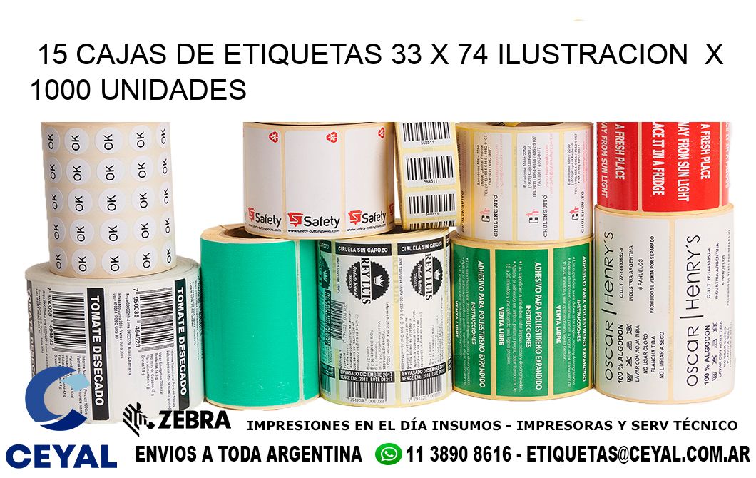 15 CAJAS DE ETIQUETAS 33 x 74 ILUSTRACION  X 1000 UNIDADES