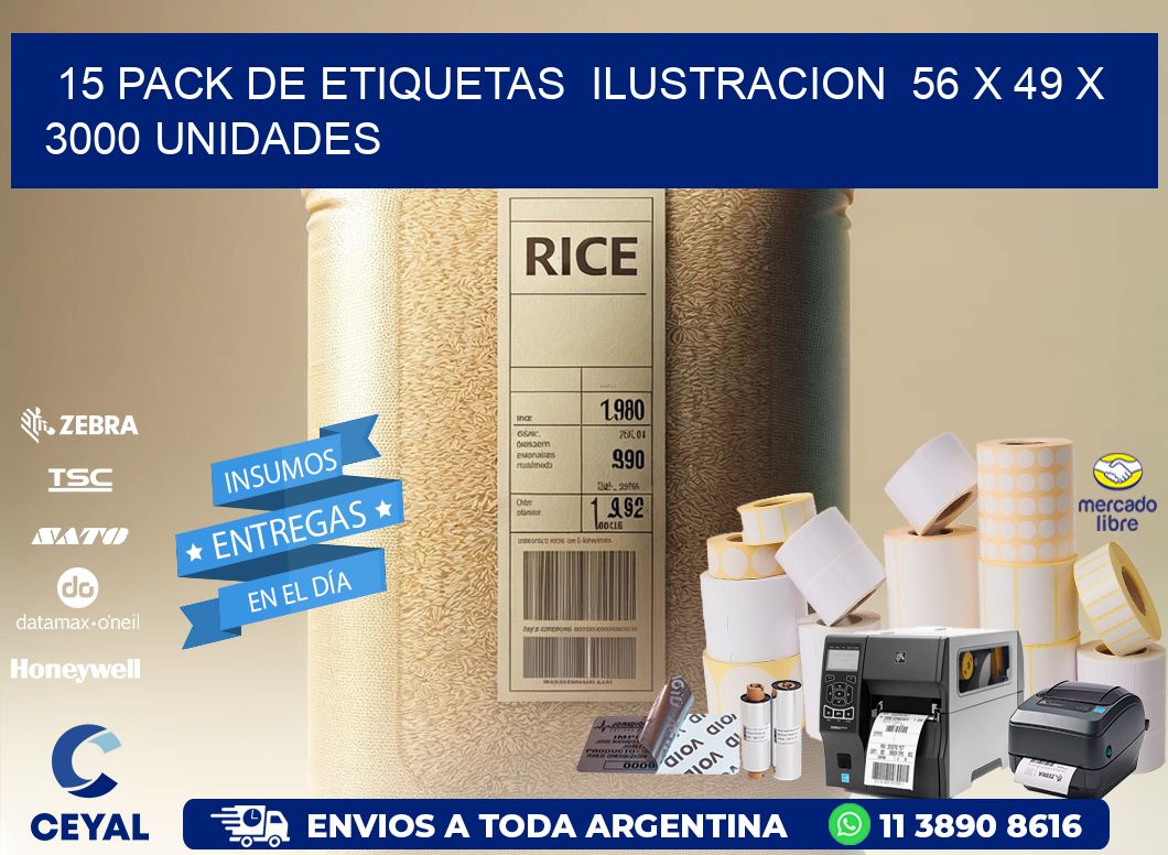 15 PACK DE ETIQUETAS  ILUSTRACION  56 x 49 X 3000 UNIDADES