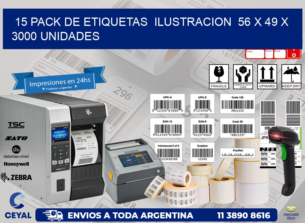 15 PACK DE ETIQUETAS  ILUSTRACION  56 x 49 X 3000 UNIDADES