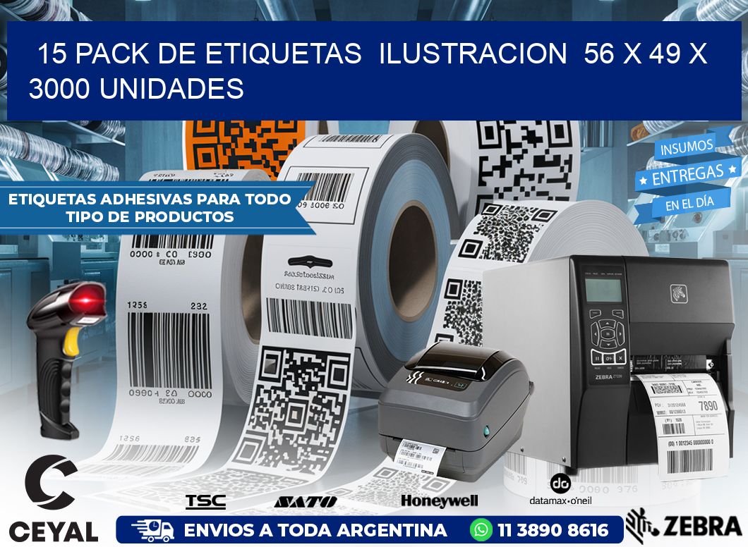 15 PACK DE ETIQUETAS  ILUSTRACION  56 x 49 X 3000 UNIDADES