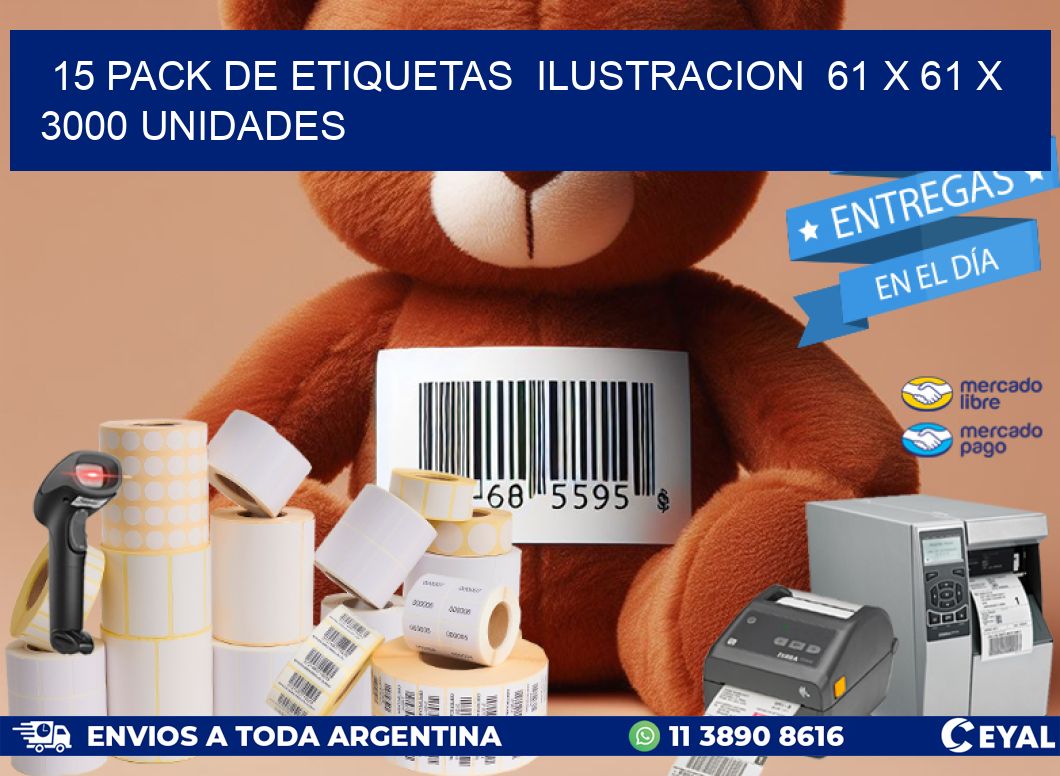 15 PACK DE ETIQUETAS  ILUSTRACION  61 x 61 X 3000 UNIDADES