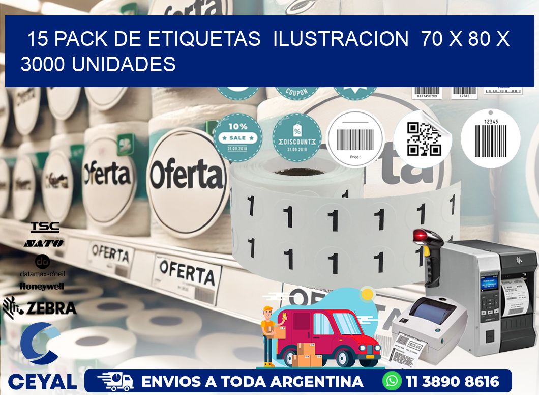 15 PACK DE ETIQUETAS  ILUSTRACION  70 x 80 X 3000 UNIDADES