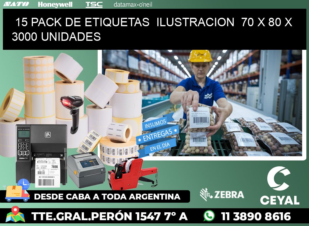 15 PACK DE ETIQUETAS  ILUSTRACION  70 x 80 X 3000 UNIDADES