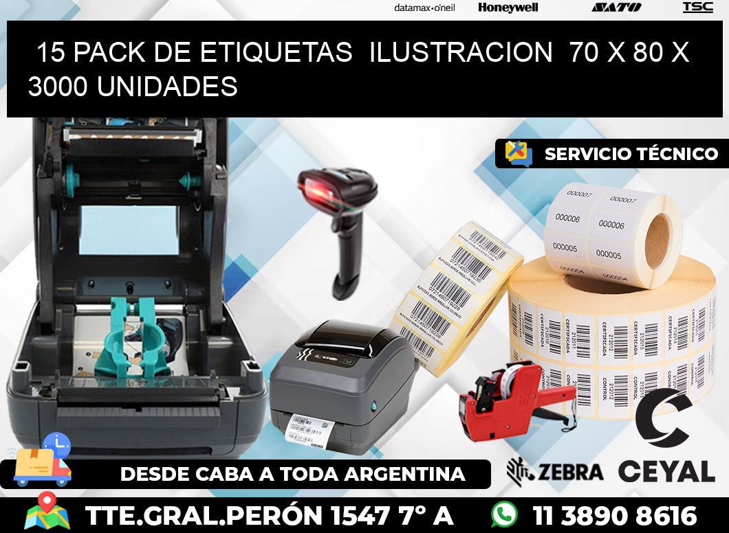 15 PACK DE ETIQUETAS  ILUSTRACION  70 x 80 X 3000 UNIDADES