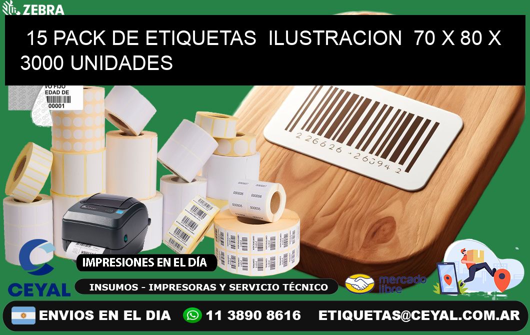 15 PACK DE ETIQUETAS  ILUSTRACION  70 x 80 X 3000 UNIDADES