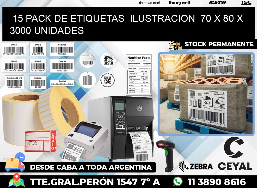 15 PACK DE ETIQUETAS  ILUSTRACION  70 x 80 X 3000 UNIDADES