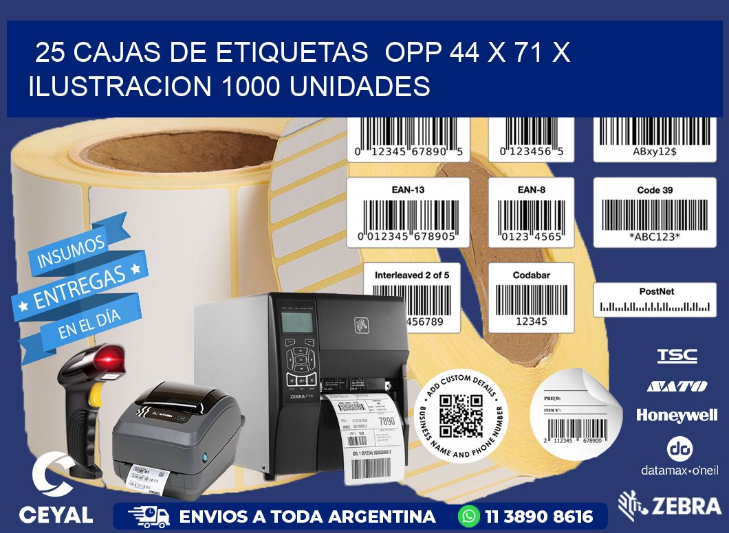 25 CAJAS DE ETIQUETAS  OPP 44 x 71 X ILUSTRACION 1000 UNIDADES