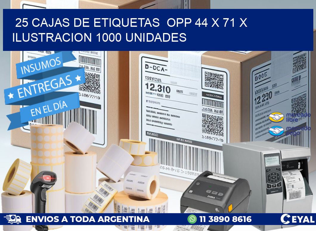 25 CAJAS DE ETIQUETAS  OPP 44 x 71 X ILUSTRACION 1000 UNIDADES