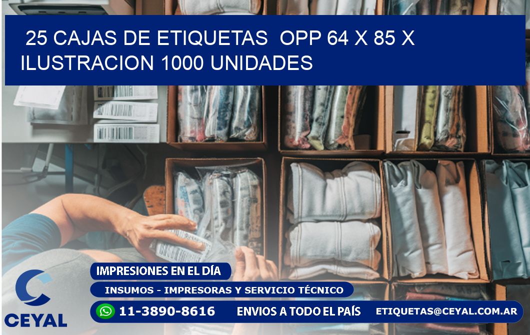 25 CAJAS DE ETIQUETAS  OPP 64 x 85 X ILUSTRACION 1000 UNIDADES