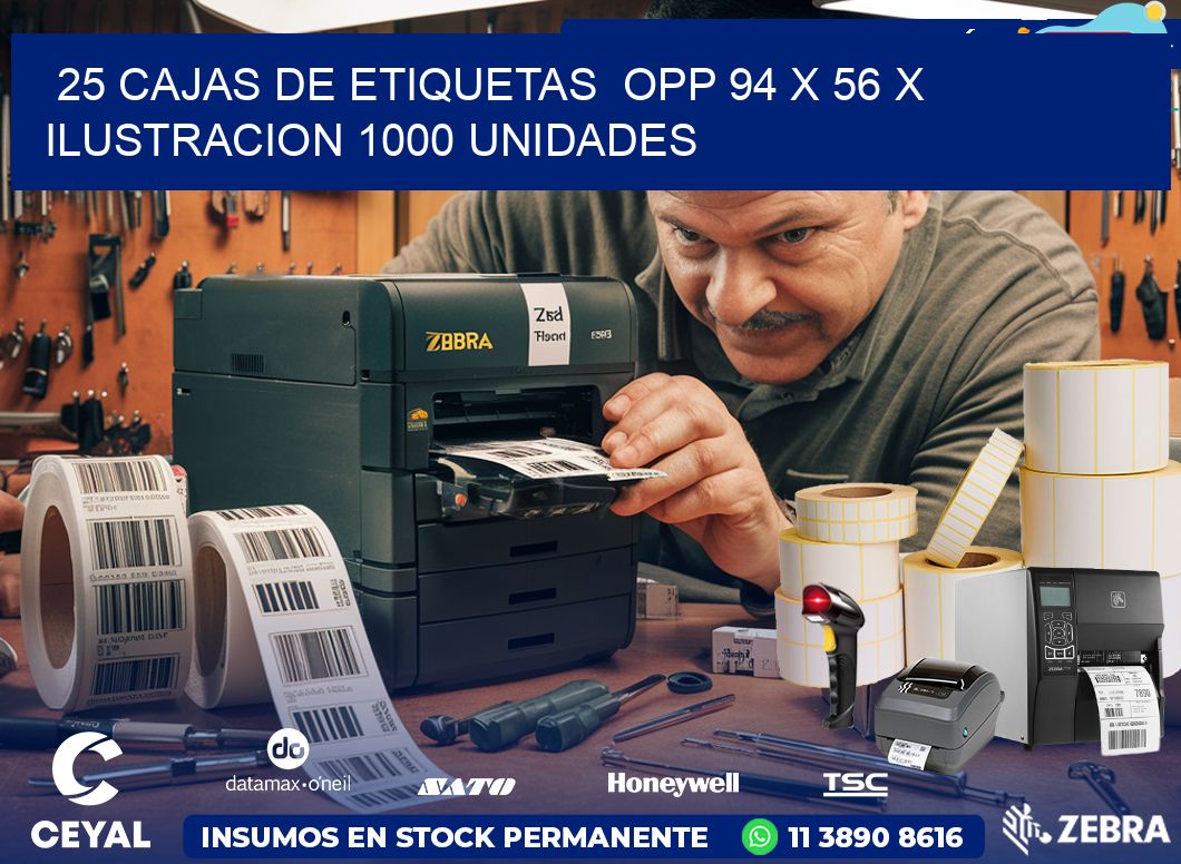 25 CAJAS DE ETIQUETAS  OPP 94 x 56 X ILUSTRACION 1000 UNIDADES