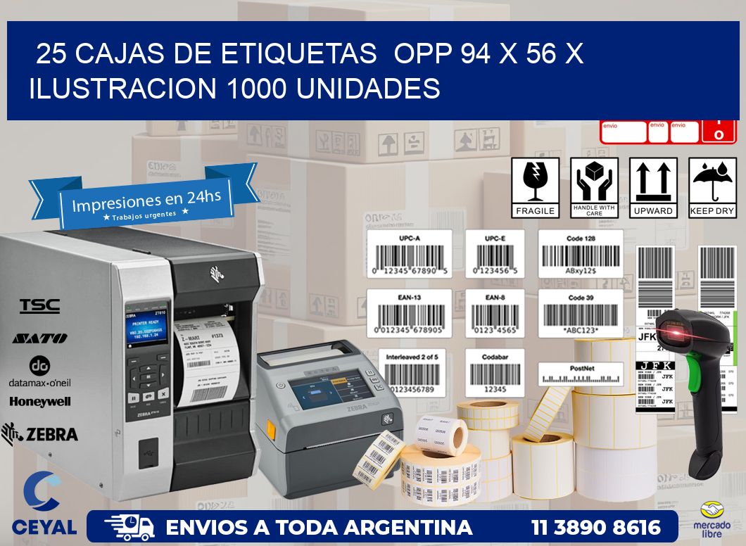 25 CAJAS DE ETIQUETAS  OPP 94 x 56 X ILUSTRACION 1000 UNIDADES