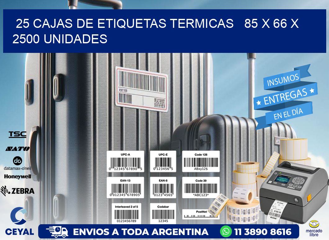 25 CAJAS DE ETIQUETAS TERMICAS   85 x 66 X 2500 UNIDADES