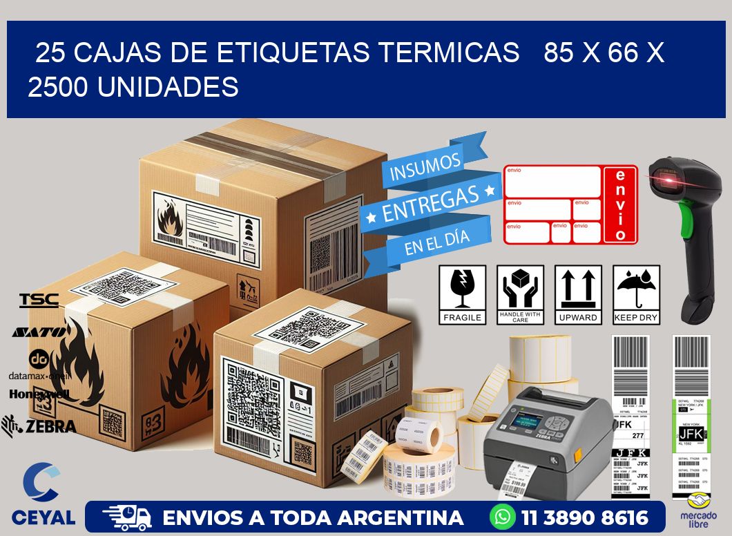 25 CAJAS DE ETIQUETAS TERMICAS   85 x 66 X 2500 UNIDADES