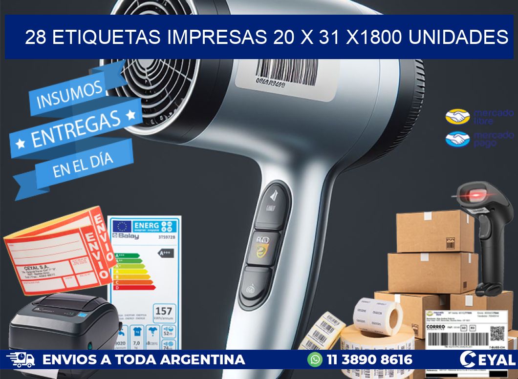 28 ETIQUETAS IMPRESAS 20 x 31 X1800 UNIDADES