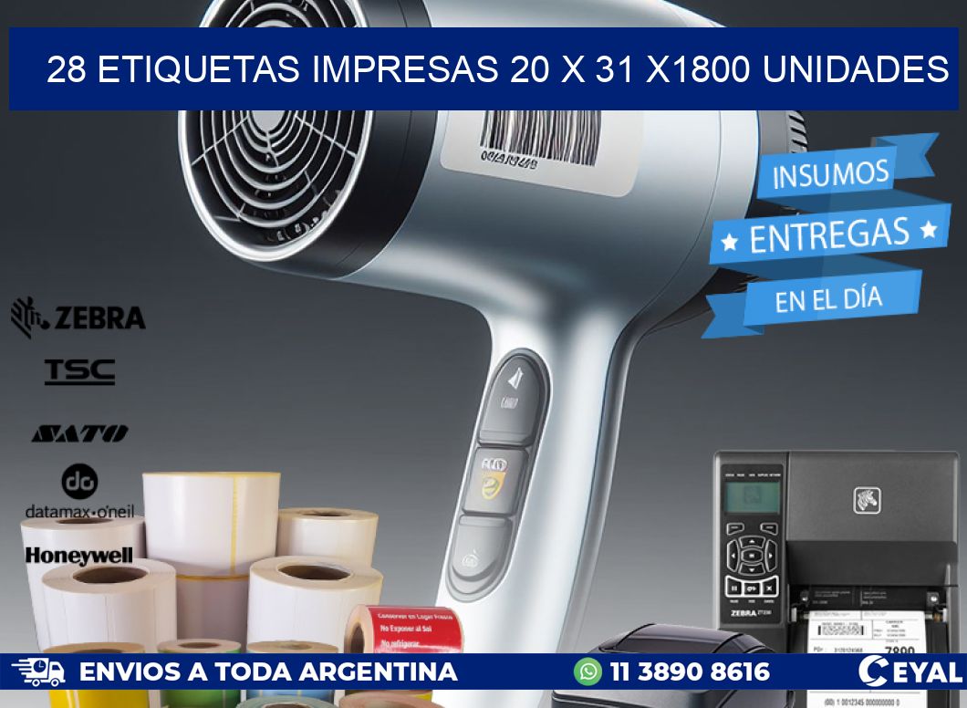 28 ETIQUETAS IMPRESAS 20 x 31 X1800 UNIDADES