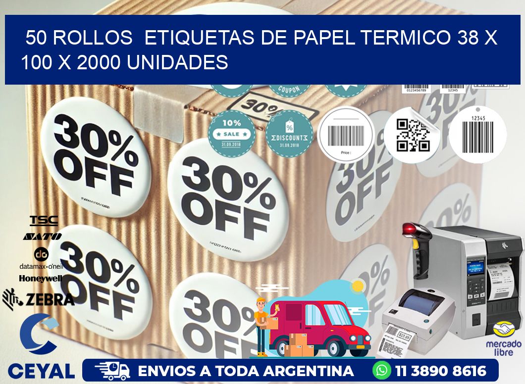 50 ROLLOS  ETIQUETAS DE PAPEL TERMICO 38 x 100 X 2000 UNIDADES