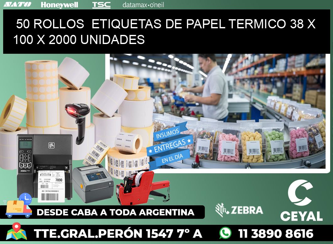 50 ROLLOS  ETIQUETAS DE PAPEL TERMICO 38 x 100 X 2000 UNIDADES