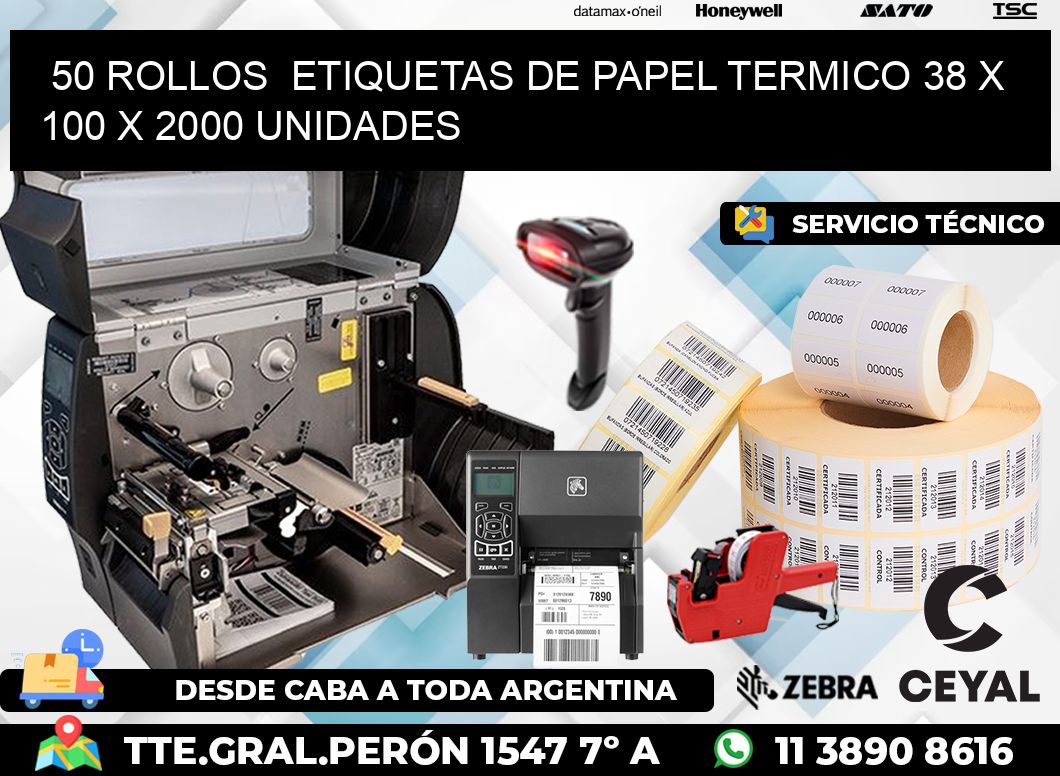 50 ROLLOS  ETIQUETAS DE PAPEL TERMICO 38 x 100 X 2000 UNIDADES