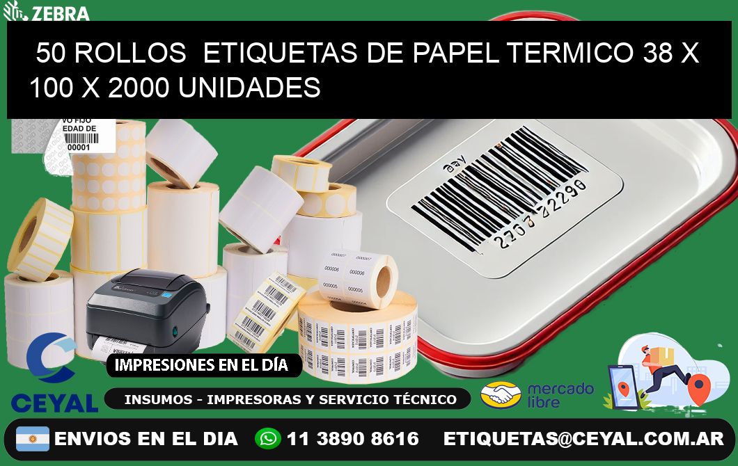 50 ROLLOS  ETIQUETAS DE PAPEL TERMICO 38 x 100 X 2000 UNIDADES