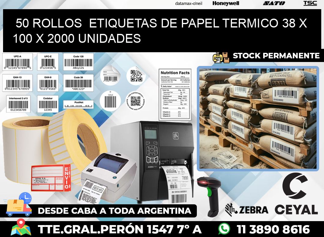 50 ROLLOS  ETIQUETAS DE PAPEL TERMICO 38 x 100 X 2000 UNIDADES