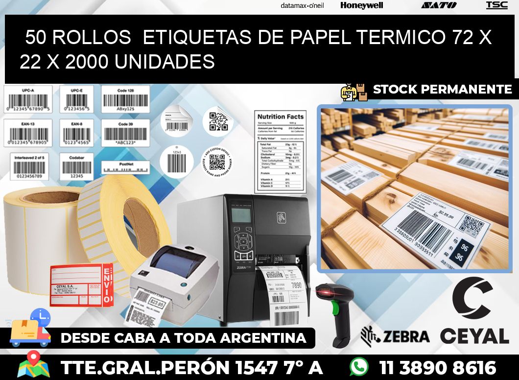 50 ROLLOS  ETIQUETAS DE PAPEL TERMICO 72 x 22 X 2000 UNIDADES