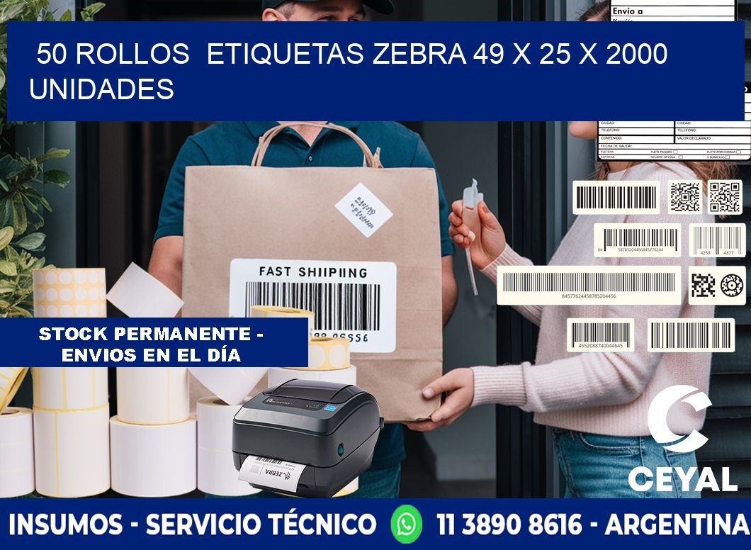 50 ROLLOS  ETIQUETAS ZEBRA 49 x 25 X 2000 UNIDADES