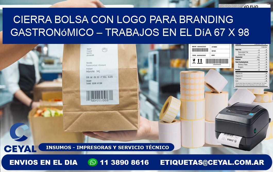 Cierra bolsa con logo para branding gastronómico – Trabajos en el día 67 x 98