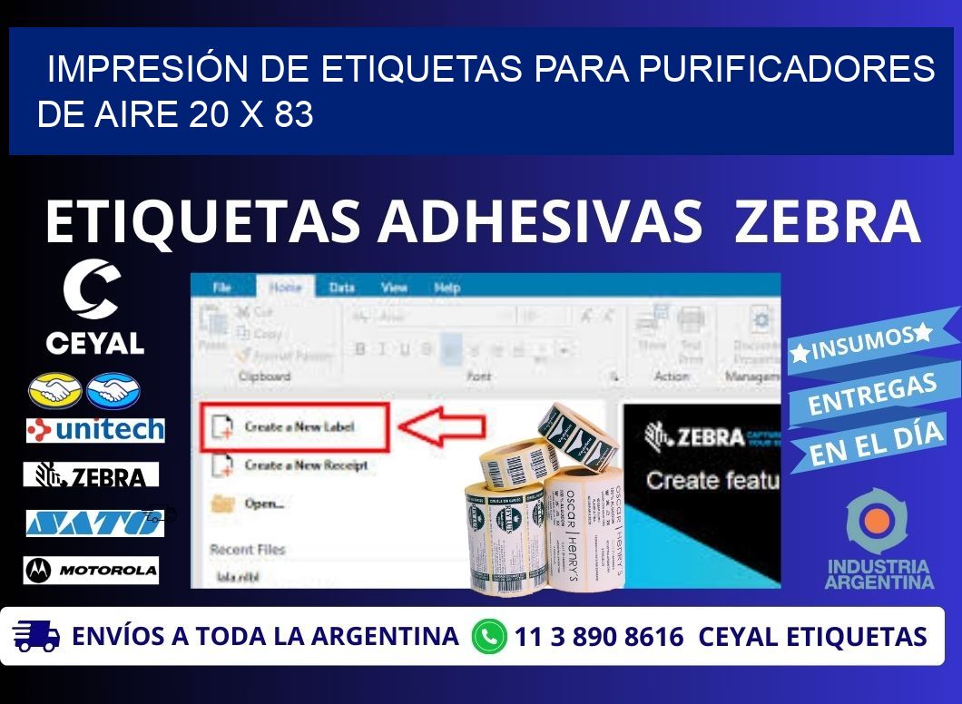 IMPRESIÓN DE ETIQUETAS PARA PURIFICADORES DE AIRE 20 x 83